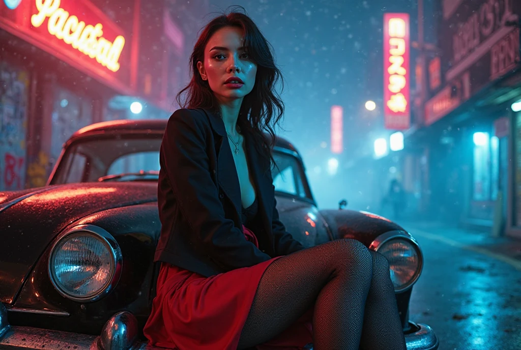 Retro , white skin, Black tea jacket, blouse, red skirt, black lace tights, pink high-heeled shoes, Sitting on the hood of the car Pegasus 1950 glossy black, homeless,  wheels phosphorescent electric blue, a street wet, Fog on the street Makeup, Gradient Hair Color, buildings, starry night Cinematic lighting, semitone, Chiaroscuro, UHD, Very detailed, high quality, The best quality, Post-apocalyptic world alley, Underworld laser rays, Cloudy skies and fogs ,  , Imax Cinematic lighting, bright light,  Overexposure, high quality, Cyberpunk ,  , UHD, from above, Suburb Makeup,  Top teeth , Blush all over the face, red lips, Blushing ears, niebla electrica , shoulder-length fireworks, Neon graffiti, Light on the face 