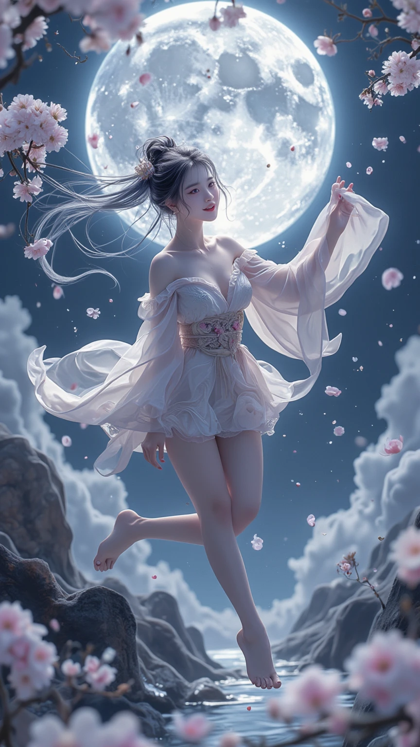 (masterpiece, Top quality, best quality, Official Art, beauty:1.2),（The Most detailed and clear outlines and facial features：2.0，Facial details：2.0）（Clear your fingers：1.5） (1 Chinese Goddess:1.5), Very detailed,(Dunhuang艺术:1.1),(Dunhuang，rich and colorful:1.1)(Flowers:1.3),Most detailed,(tangled:1.2), (Dynamic flight attitude，Foot on the white clouds，Show your thighs:1.5), (Blue sky, White clouds and bright moon background:1.3), (Chinese embroidered Hanfu:1.2), (Glowing skin，pubic：1.2), (Many colors:1.4), ,(earrings:1.4),