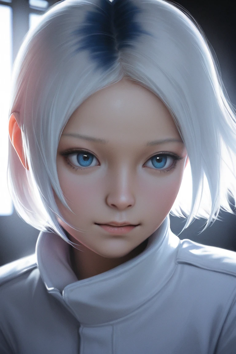 solo girl, blue eyes, no bangs, short white hair with blue roots, strange expression, white jacket, detailed portrait, photorealistic, professional, masterpiece, studio lighting, high resolution, 8K, hyperrealistic, cinematic lighting, dramatic atmosphere, moody, enigmatic, ethereal, melancholic palette, cool tones