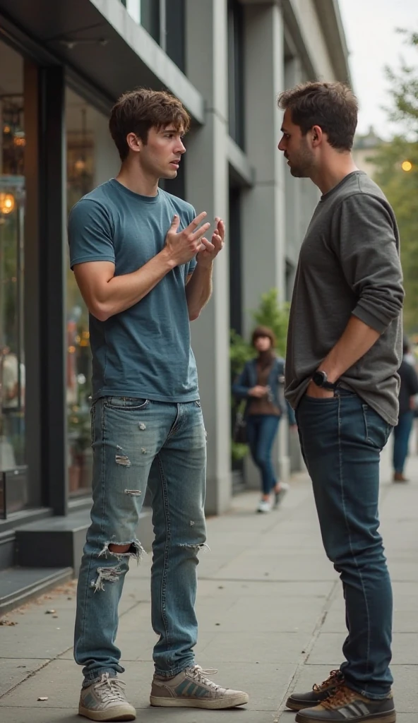 ((best qualityer)), ((realistic people)), (detailded) (ultrarealism) (4K) (two people)
In the scene there are two men. One man is throwing another out the window.
One of the men is blond and dressed in blue clothes.. The other man is black, wear glasses, very short and curly hair, He is wearing a green shirt and jeans.
The blond man is throwing the other man out the window