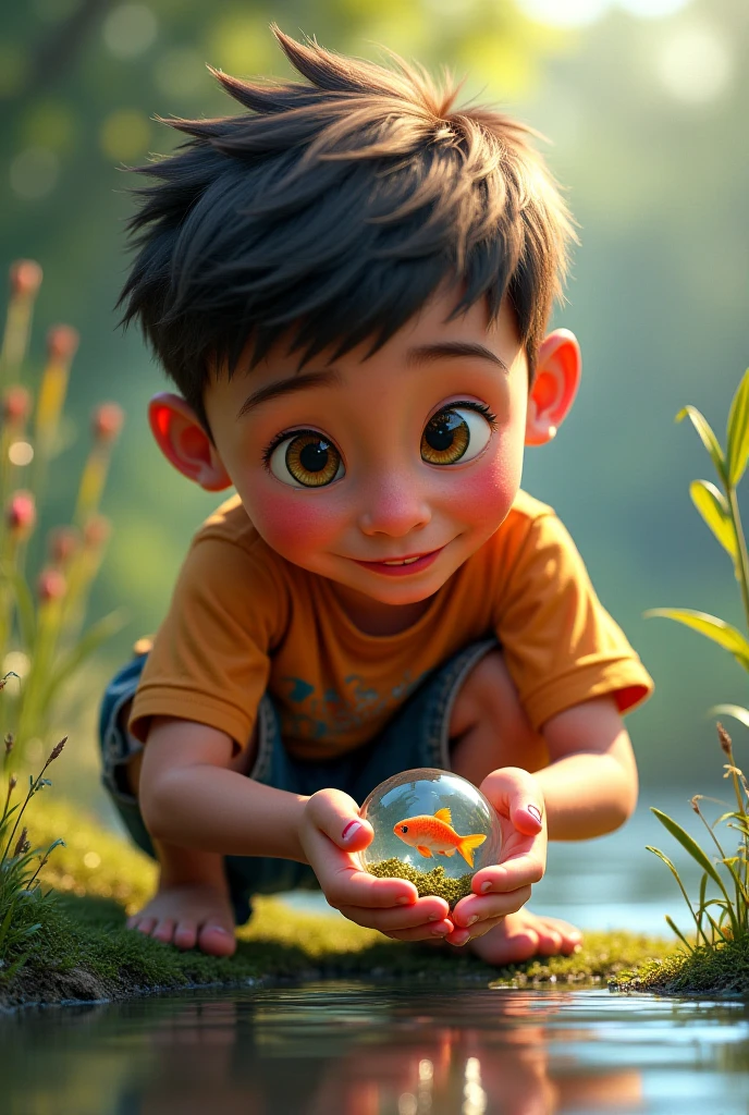 movie picture quality,Disney animation style,A little boy swims in the sea with a koi in his arms,short detailed hair,Denim suspenders,The barefoot,depth of fields,high light,Real light,Ray traching,oc rendered,Hyper-realistic,best qualtiy,8K,Works of masters,super-fine,Detailed pubic hair,Correct anatomy,sharp focus on eyes,Bokeh,Facial features are carefully depicted