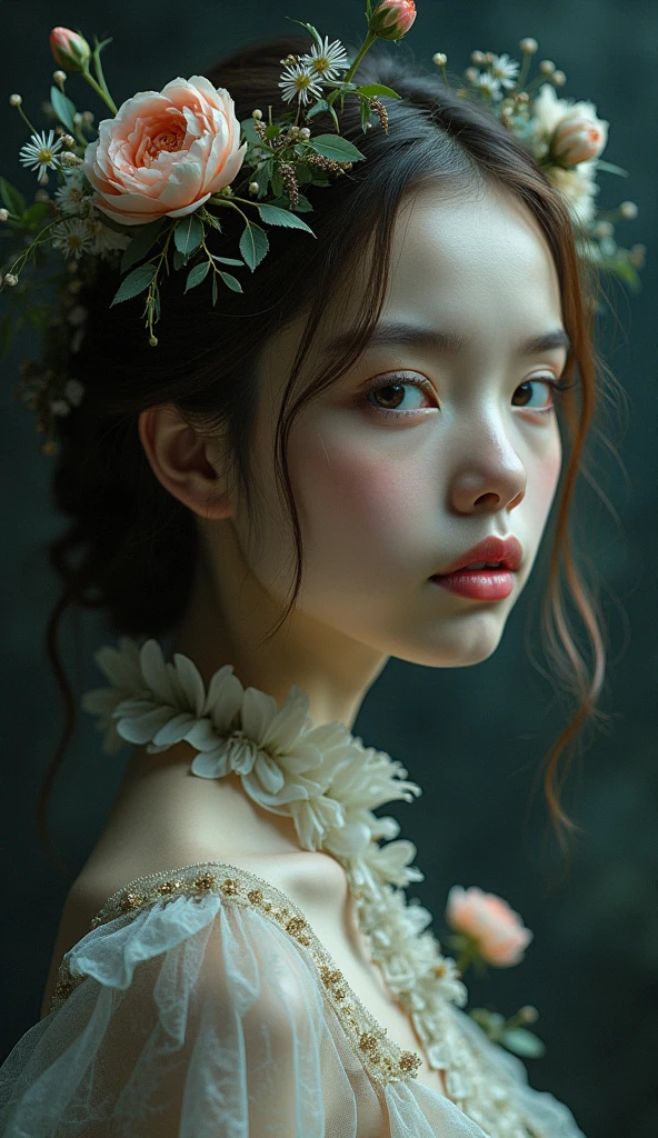 collage art、A picture of a girl made from 500 photos、Photographic Quality、High Quality Photo,PHOTOREAL,high resolution,Extremely tight,realistic,Masterpiece,Professional Girl Portrait、A picture showing only the girl's front face 、Graceful Standing、Exquisite Expression、Pensive Gaze、delicate skin、Fine Hair、薄dark atmosphere、Dark Color Color Dark Fantasy、Gothic、dark atmosphere、Picturesque、Photographic Digital Photo、Composite Photo Delicate Texture、fantastic atmosphere entwined with flowers、dark tones、bokeh