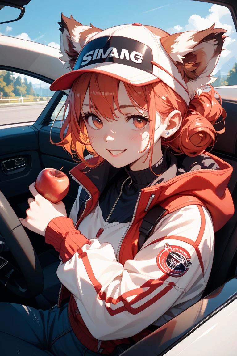 Red white panda driving nissan head bounces apple hat