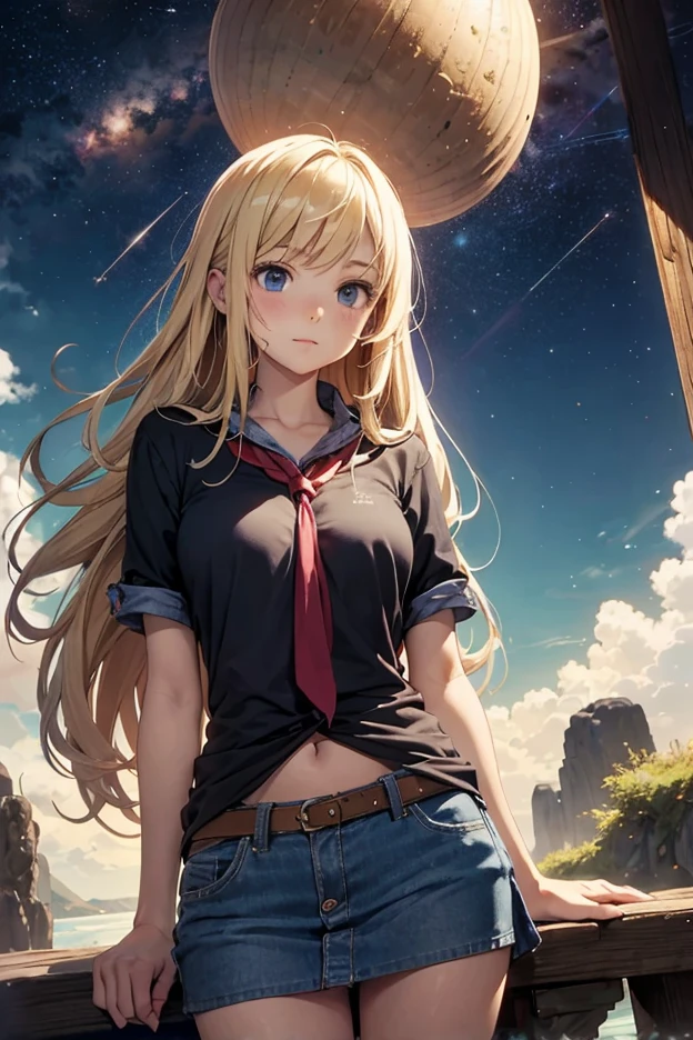 Arthur Rackham, Jean Jansem, Andre Brasilier, Yuu Watase, Katsuhiro Otomo, Surrealism, wonder, strange, fantastical, fantasy, Sci-fi, Japanese anime, islands, constellations, and Galapagos, falling blonde miniskirt beautiful girl Alice, perfect voluminous body, detailed masterpiece 