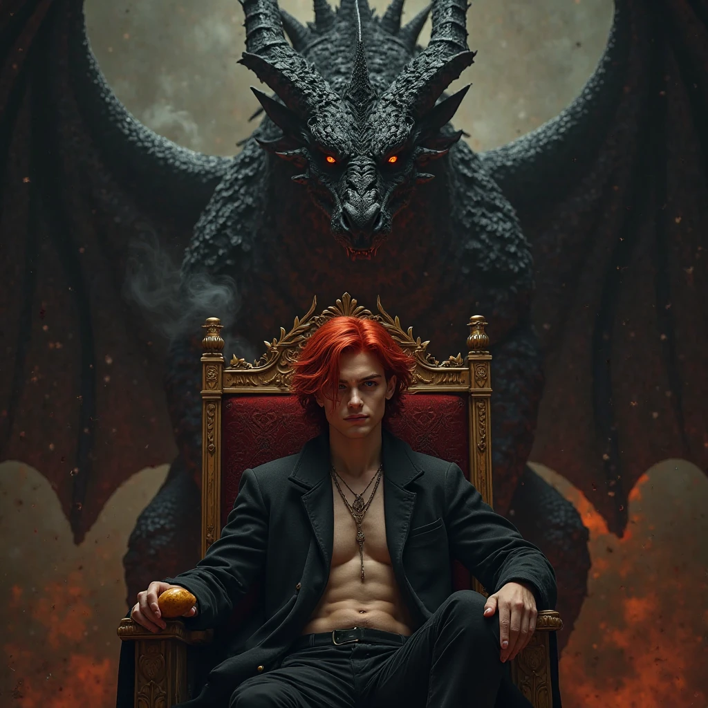 Handsome demon hot  boy. The scene unfolds with a striking and self-assured ager seated regally on an ornate throne, exuding an aura of quiet confidence. Their crimson red hair cascades down in loose waves, glowing like embers under the dim light, perfectly complementing their piercing crimson eye—a gaze that seems to hold secrets beyond their years. The other eye is concealed by a few strands of hair, adding an air of mystery.

Despite the grandeur surrounding them, this cool  nonchalantly holds a simple potato—its earthy simplicity contrasting sharply with the opulence of the moment, almost as though it's a symbol of their grounded nature amidst all the power.

Behind the throne looms a massive black dragon, its obsidian scales glinting faintly in the low light. Its golden eyes gleam with intelligence and loyalty, watching over the young ruler like a guardian spirit. Smoke curls lazily from its nostrils, blending into the misty atmosphere, while its presence adds both intimidation and majesty to the tableau.

This image captures the essence of paradox: raw power tempered by humility, ancient strength paired with youthful rebellion, and the extraordinary intertwined with the mundane—all embodied by a single figure holding court over their world, one potato at a time.