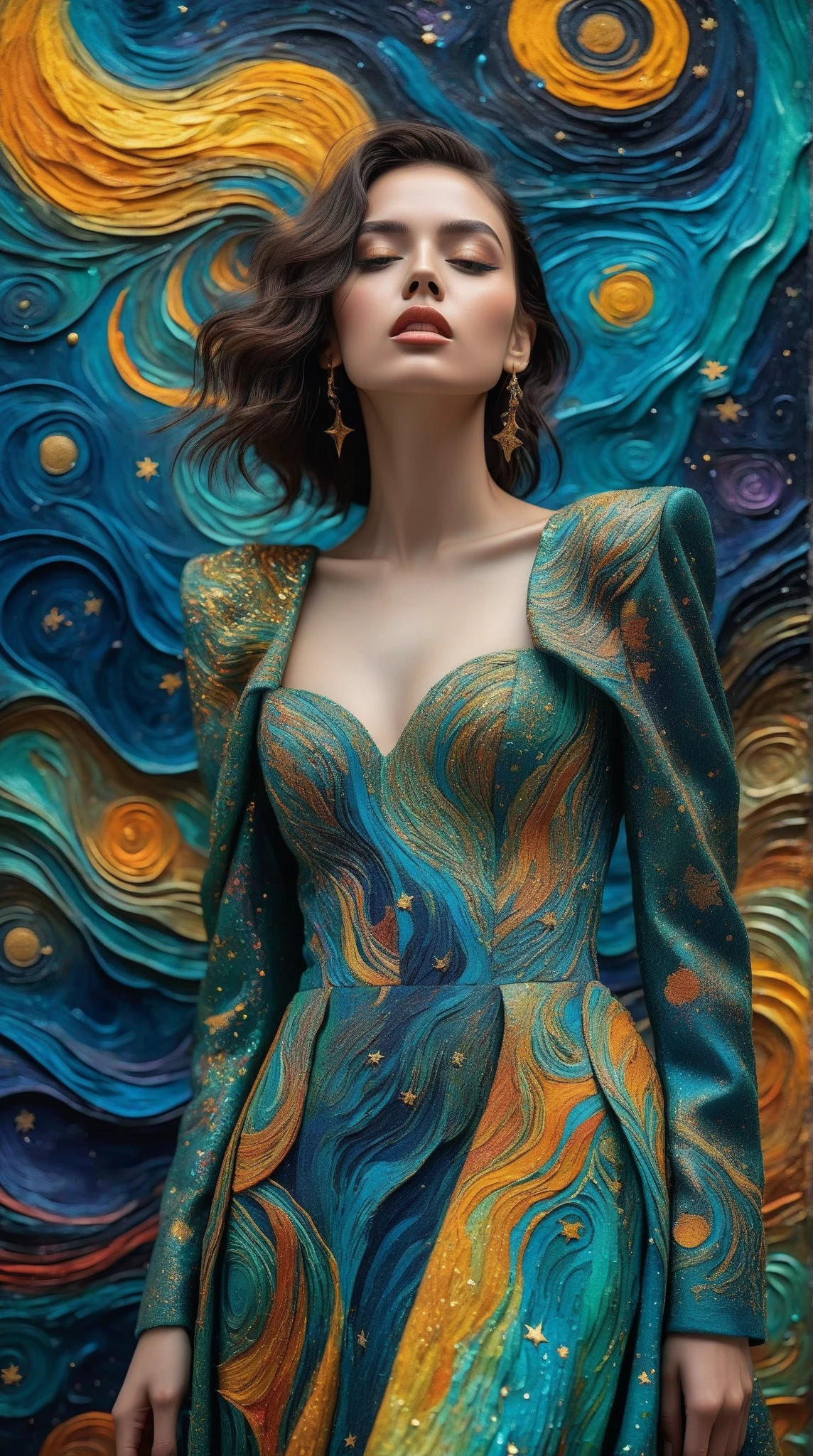 (Ultra-detailed, 8K resolution, hyper-realistic:1.3), soft-toned ethereal palette with subtle gradients, masterful oil painting texture (impressionistic, impasto strokes:1.2), blending Cubist geometry, Fauvist vibrancy, Surrealist dreamscapes, and Abstract expressionism into a cohesive avant-garde fashion design.**  very beautiful, very elegant

**A striking woman stands at the center, her gown morphing dynamically: angular Cubist patterns cascade into bold Fauvist color blocks, surreal floral motifs, and fluid Abstract shapes. Celestial constellations (Van Gogh-inspired swirling galaxies, luminescent stars:1.2) embroider her attire, merging seamlessly with a cosmic starry sky backdrop. The scene radiates otherworldly depth, with iridescent stardust, chromatic aberrations, and a soft chiaroscuro glow highlighting her poised figure. Richly textured canvas, dynamic composition, and a harmonious fusion of art movements evoke a timeless, museum-quality masterpiece.**  

**Additional keywords:** Subtle gold leaf accents, Art Nouveau elegance, fragmented mirrors (Surrealism), prismatic light diffusion, cosmic serenity.  

---  
This prompt emphasizes technical quality, interweaves specific art movement influences into the design, and creates a cohesive, dreamlike narrative between the figure and the cosmos. Weightings (e.g., `:1.2`) can be adjusted based on your AI tool’s syntax.