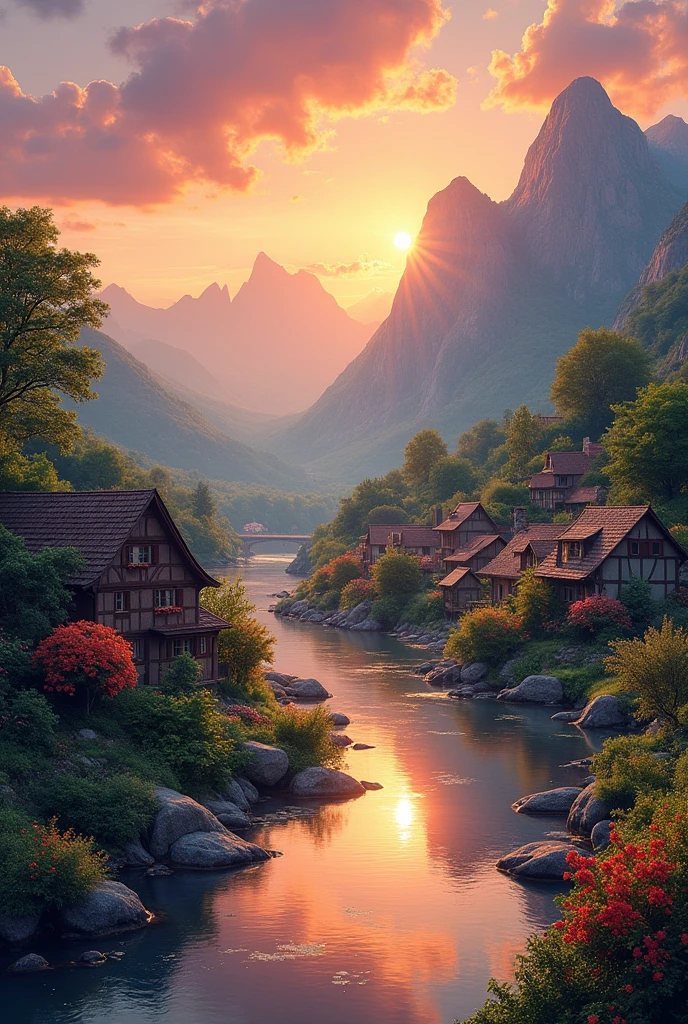 a small village by the river, mountains in the background, floral flowers colorful, detailed landscape, Beautiful natural landscapes, atmospheric lighting, scorching sunset, warm colours, practical, photopractical, Detailed Foliage, complex buildings, cobblestone street, Charming country house, swirly vibrant colors, lush vegetation, Still water reflections, Picturesque, idyllic, work of art, best qualityer, 8k, extremely detaild,anime styling