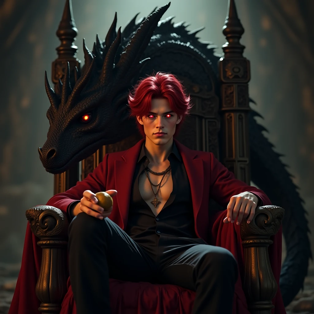 Handsome demon hot  boy. The scene unfolds with a striking and self-assured ager seated regally on an ornate throne, exuding an aura of quiet confidence. Their crimson red hair cascades down in loose waves, glowing like embers under the dim light, perfectly complementing their piercing crimson eye—a gaze that seems to hold secrets beyond their years. The other eye is concealed by a few strands of hair, adding an air of mystery.

Despite the grandeur surrounding them, this cool  nonchalantly holds a simple potato—its earthy simplicity contrasting sharply with the opulence of the moment, almost as though it's a symbol of their grounded nature amidst all the power.

Behind the throne looms a massive black dragon, its obsidian scales glinting faintly in the low light. Its golden eyes gleam with intelligence and loyalty, watching over the young ruler like a guardian spirit. Smoke curls lazily from its nostrils, blending into the misty atmosphere, while its presence adds both intimidation and majesty to the tableau.

This image captures the essence of paradox: raw power tempered by humility, ancient strength paired with youthful rebellion, and the extraordinary intertwined with the mundane—all embodied by a single figure holding court over their world, one potato at a time.