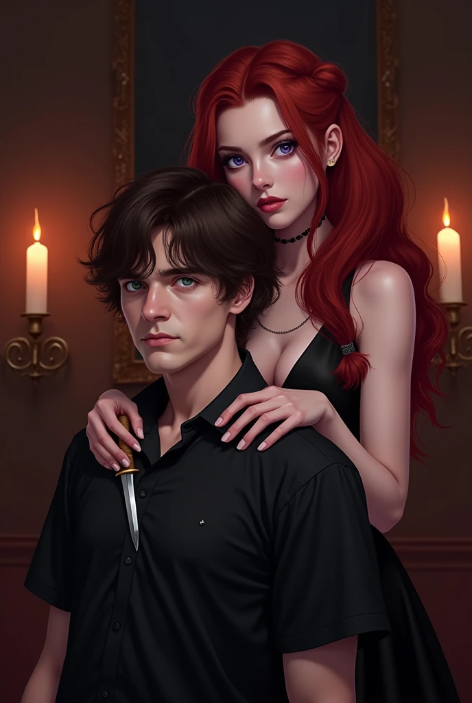 A digital realistic illustration shoot from a portrait camera angle featuring a man and a woman with long, wavy, dark blood red hair and light purple eyes, both dressed in dark clothing. the man, appearing around the age of 20, on the left, positioned in the middle of the image, with a serious expression on his face . He has dark brown hair, parted in the middle and slight strands fall on his face and emerald green eyes and is wearing a black shirt. on the right, the woman has long, blood red hair and its pulled back in two braids while the rest of her hair falls and purple eyes, wearing a black dress with a deep v cut neckline. she is positioned behind the man in the upper body, a dagger in her hand and it's placed on the man's throat, with her upper body facing the viewer. the background is a dimly lit room with candles, creating a romantic and dark atmosphere. giving enemies energy 
