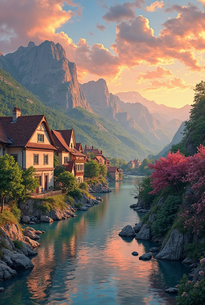 a small village by the river, mountains in the background, floral flowers colorful, detailed landscape, Beautiful natural landscapes, atmospheric lighting, scorching sunset, warm colours, practical, photopractical, Detailed Foliage, complex buildings, cobblestone street, Charming country house, swirly vibrant colors, lush vegetation, Still water reflections, Picturesque, idyllic, work of art, best qualityer, 8k, extremely detaild,anime styling