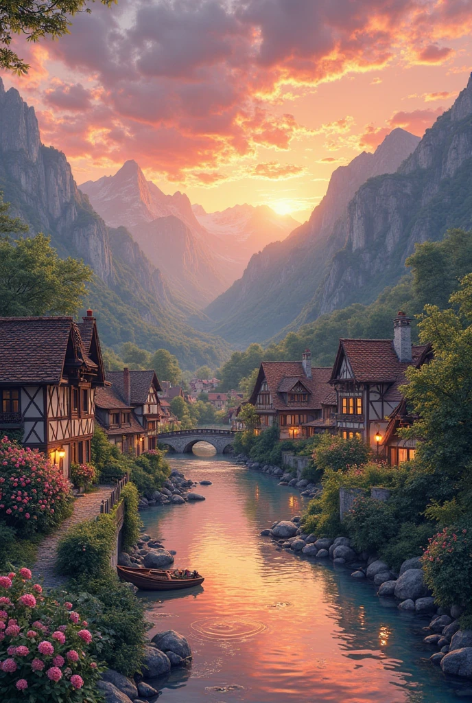 a small village by the river, mountains in the background, floral flowers colorful, detailed landscape, Beautiful natural landscapes, atmospheric lighting, scorching sunset, warm colours, practical, photopractical, Detailed Foliage, complex buildings, cobblestone street, Charming country house, swirly vibrant colors, lush vegetation, Still water reflections, Picturesque, idyllic, work of art, best qualityer, 8k, extremely detaild,anime styling