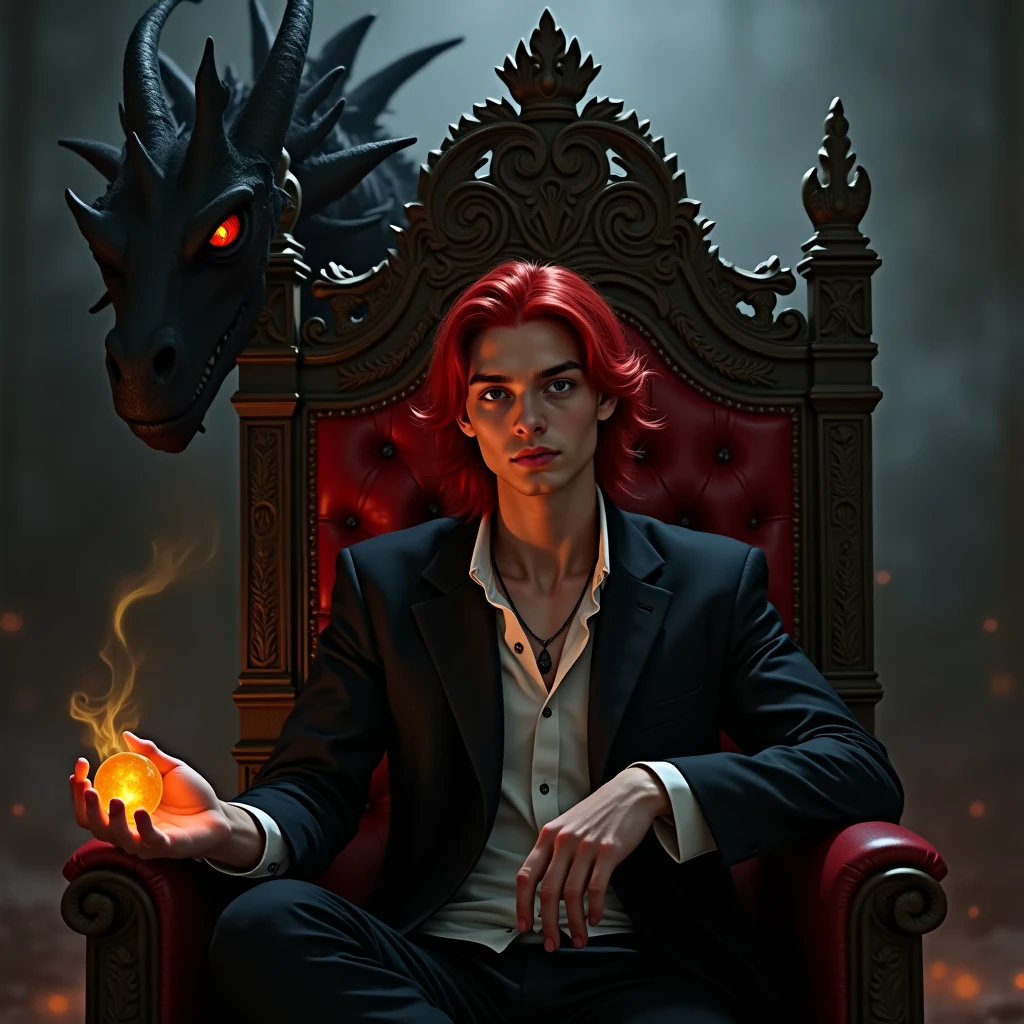 Handsome demon hot  boy. The scene unfolds with a striking and self-assured ager seated regally on an ornate throne, exuding an aura of quiet confidence. Their crimson red hair cascades down in loose waves, glowing like embers under the dim light, perfectly complementing their piercing crimson eye—a gaze that seems to hold secrets beyond their years. The other eye is concealed by a few strands of hair, adding an air of mystery.

Despite the grandeur surrounding them, this cool  nonchalantly holds a simple potato—its earthy simplicity contrasting sharply with the opulence of the moment, almost as though it's a symbol of their grounded nature amidst all the power.

Behind the throne looms a massive black dragon, its obsidian scales glinting faintly in the low light. Its golden eyes gleam with intelligence and loyalty, watching over the young ruler like a guardian spirit. Smoke curls lazily from its nostrils, blending into the misty atmosphere, while its presence adds both intimidation and majesty to the tableau.

This image captures the essence of paradox: raw power tempered by humility, ancient strength paired with youthful rebellion, and the extraordinary intertwined with the mundane—all embodied by a single figure holding court over their world, one potato at a time.