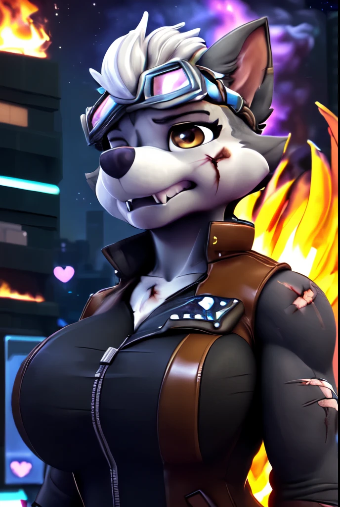 Gasket, ((Paw Patrol)), ((female solo)), domestic dog, female, adult female, brown eyes, (gray fur:1.65), ((gray body)), ((sharp teeths)), ((large fangs)), brown eyes, (Shiny eyes:1.6), ((Pixar eyes)), perfect eyes, ((glowing eyes)), (hyper realistic:1.65), long fluffy tail, very large tail, tail up, very furry and fluffy, ((very large fangs)), perfect ligthing, (Cyberpunk city background:1.25), (fire at background:1.65), ((many hearts all over the screen)), (front side view:1.35), ((seductive break)), ((spread legs)), spread legs, (rajii:1.1) (dimwitdog:1.1), (thesecretcave:1.25), (cooliehigh:1.1), (miles-df:1.1), (complextree:1.1), (pixelsketcher:1.1), (foxovh:1.1), (zaush:1.1), (avante92:0.70), (meesh:1.1), (inu-sama:0.80), (cervina7:1.1), (F-R95:0.70), (R-mk:1.1), (xpray:1.1), (standing tall:1.65), (large fluffy tail:1.65), (close up to face:1.15), (angry expression:1.45), (nebula:1.45), (starry:1.45), (planet at sky:1.45), (hyper breasts:1.15), (wearing brown leather waiscoat:1.35), (anthropomorphic:1.45), (snarling:1.25), (wounded body:1.85), (scars all over her body:1.45), (some muscles:1.45), (strong female:1.35), (hyper breasts:1.35), (wearing spike wristband:1.25), (wearing long goggles over head:1.65), (white hair:1.25), (hair over eyes:1.25), (close up to face:1.10), (wearing very ripped black shirt:1.35), (3D render:1.45)