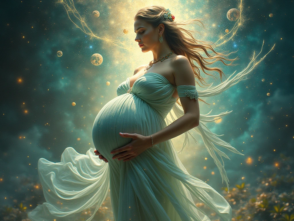 Goddess Gaia pregnant under transverse energy lines in her body, connecting with the holographic universe. 