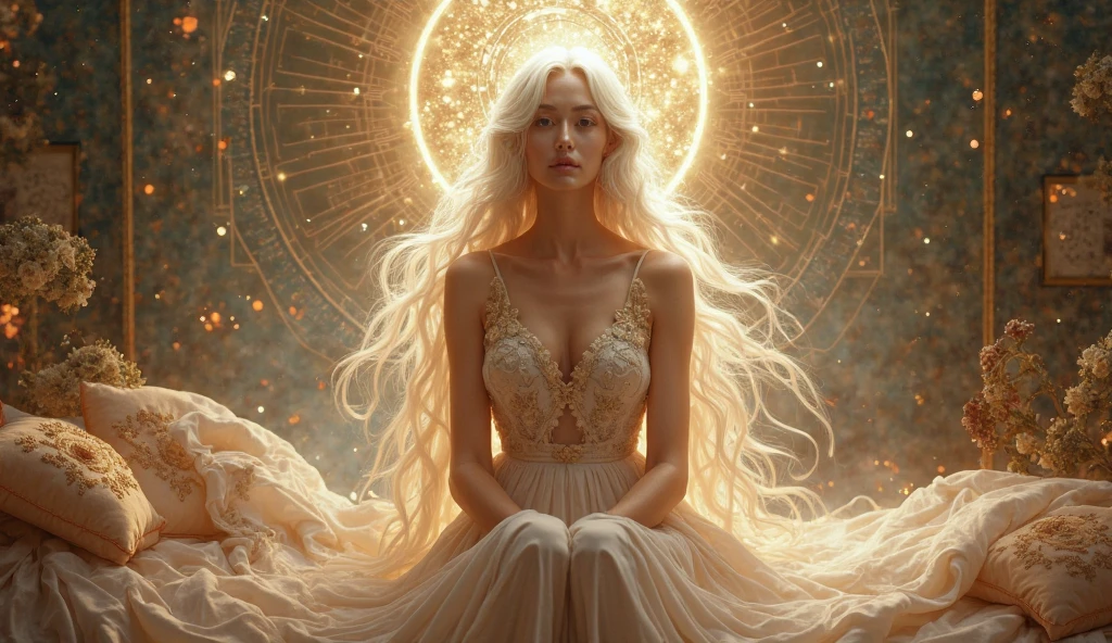 an astrological woman with platinum hair and the appearance of a goddess , In a place of millionaires