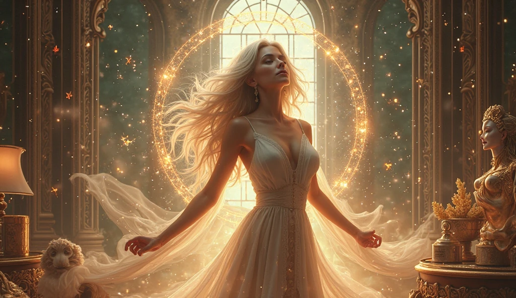 an astrological woman with platinum hair and the appearance of a goddess , In a place of millionaires