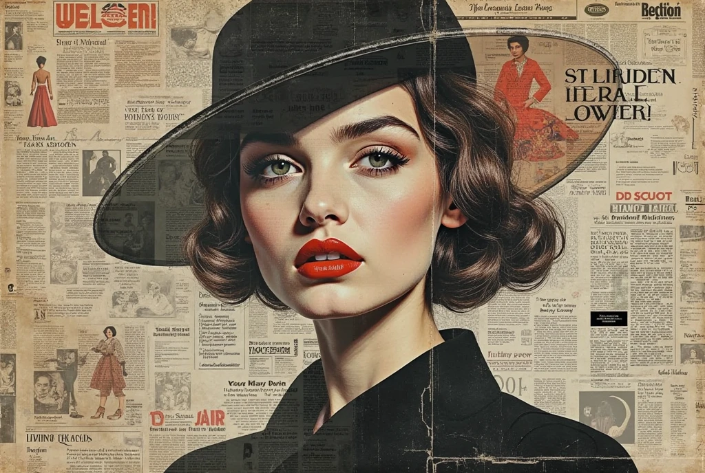 Retro collage, vintage advertisement newspaper, fashion newspapers collage, overlap of newspapers collage,  newspapers collage dress, newspaper overlap of face, newspaper overlap of nose and mouth, sticking of newspaper in background