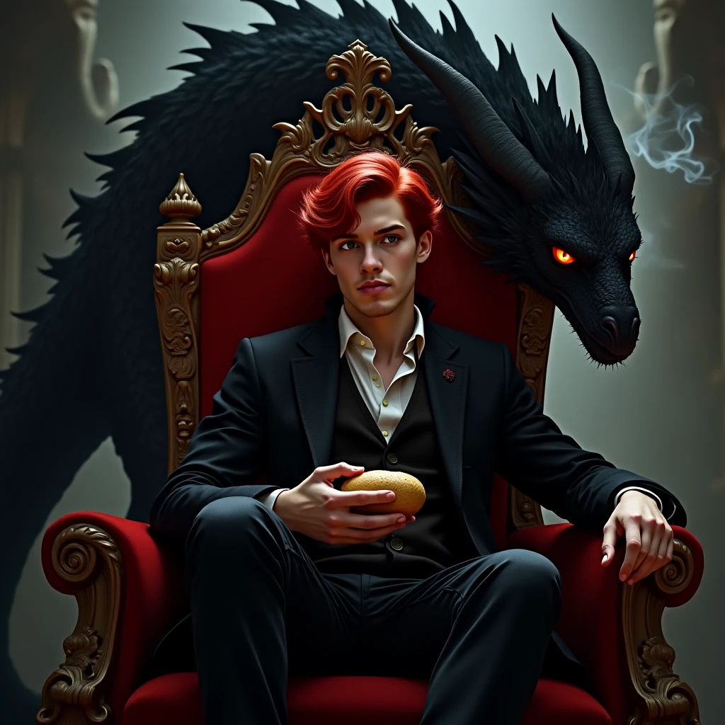 Handsome demon hot  boy. The scene unfolds with a striking and self-assured ager seated regally on an ornate throne, exuding an aura of quiet confidence. Their crimson red hair cascades down in loose waves, glowing like embers under the dim light, perfectly complementing their piercing crimson eye—a gaze that seems to hold secrets beyond their years. The other eye is concealed by a few strands of hair, adding an air of mystery.

Despite the grandeur surrounding them, this cool  nonchalantly holds a simple potato—its earthy simplicity contrasting sharply with the opulence of the moment, almost as though it's a symbol of their grounded nature amidst all the power.

Behind the throne looms a massive black dragon, its obsidian scales glinting faintly in the low light. Its golden eyes gleam with intelligence and loyalty, watching over the young ruler like a guardian spirit. Smoke curls lazily from its nostrils, blending into the misty atmosphere, while its presence adds both intimidation and majesty to the tableau.

This image captures the essence of paradox: raw power tempered by humility, ancient strength paired with youthful rebellion, and the extraordinary intertwined with the mundane—all embodied by a single figure holding court over their world, one potato at a time.