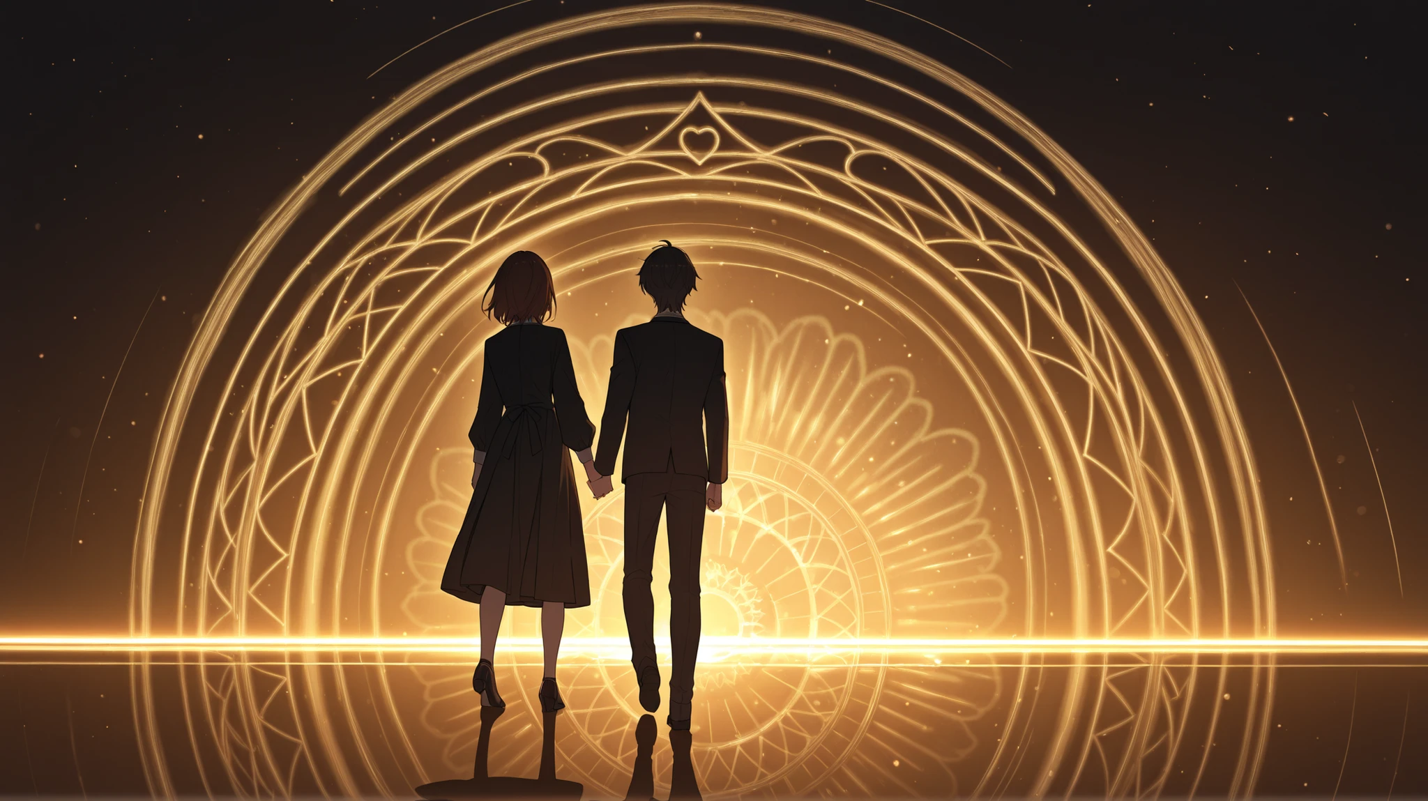 Gold、couple、Wide Angle Shot、shadow、full body、back view、holding hands