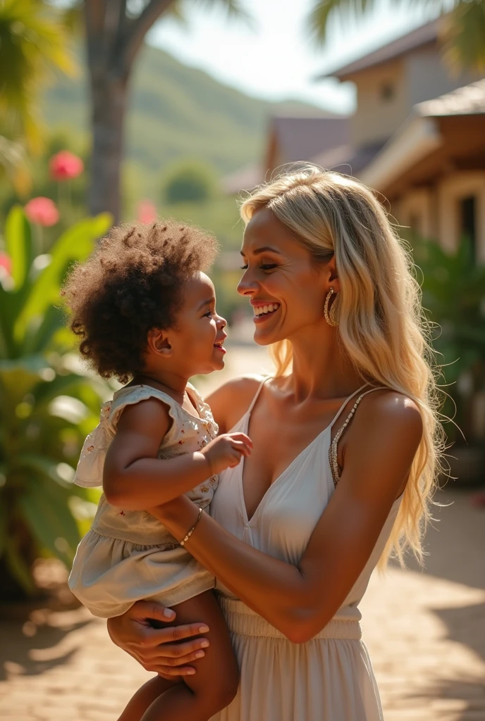 A portrait of a woman with curly hair and a warm smile, holding a young with a peaceful expression. The figures are bathed in the golden glow of the setting sun, set against a natural background.
