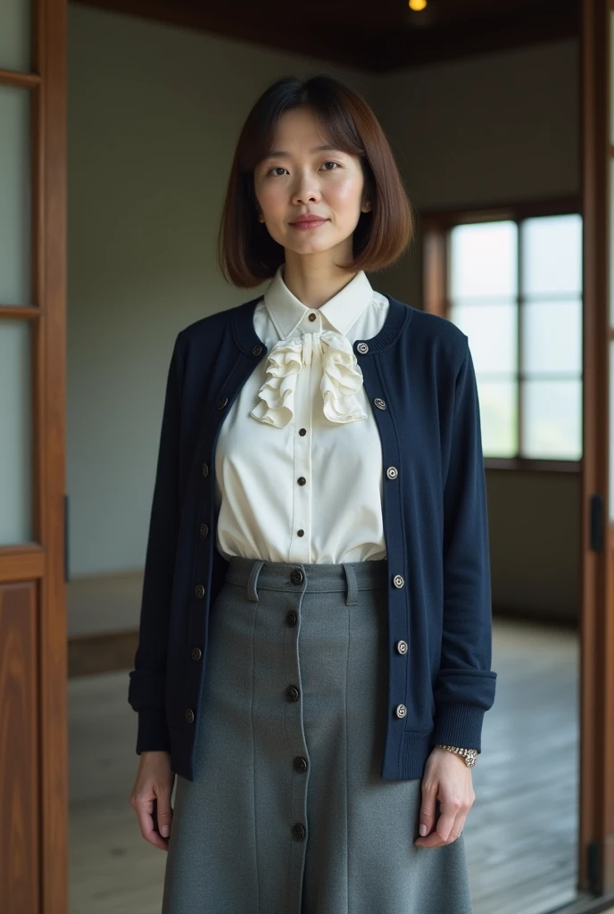 best quality, photorealistic, 8k, ((high res)), 1office lady, (skindentation), (portrait:0.5), gorgeous, ((nobody darkness refresh room:1.65)), ((mini grey skirt, brown pantyhorse, grey jacket with white shirt)), straight-looking at viewer:1.8, (1girl eyes looking at viewer, short-length straighthair, black hair, partedhair:1.75), bring business bag, photorealistic, (smile:1.2), (closed mouth:0.56), gorgeous, pureerosface_v1,