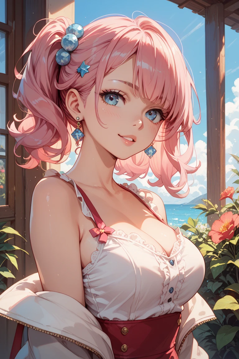 masterpiece, best quality, ultra-detailed, illustration,(1girl),beautiful detailed eyes, looking at viewer, close up, (breast focus), (arms behind back:1.2), (from above:1.1), pink hair, medium breasts, (breasts out:1.3), (off shoulder:1.1), underwear,