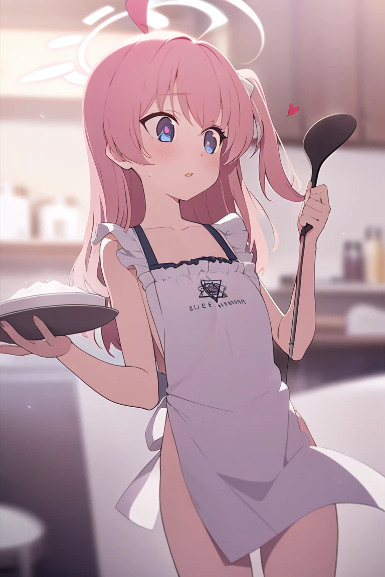 Light pink hair inner color Long twin tails Shiny Hair Looking at the audience Naked Apron chest Knee-high socks sight Small face bangs beauty Show your hand sight Taunt side One person Place your hands behind your back kitchen cooking