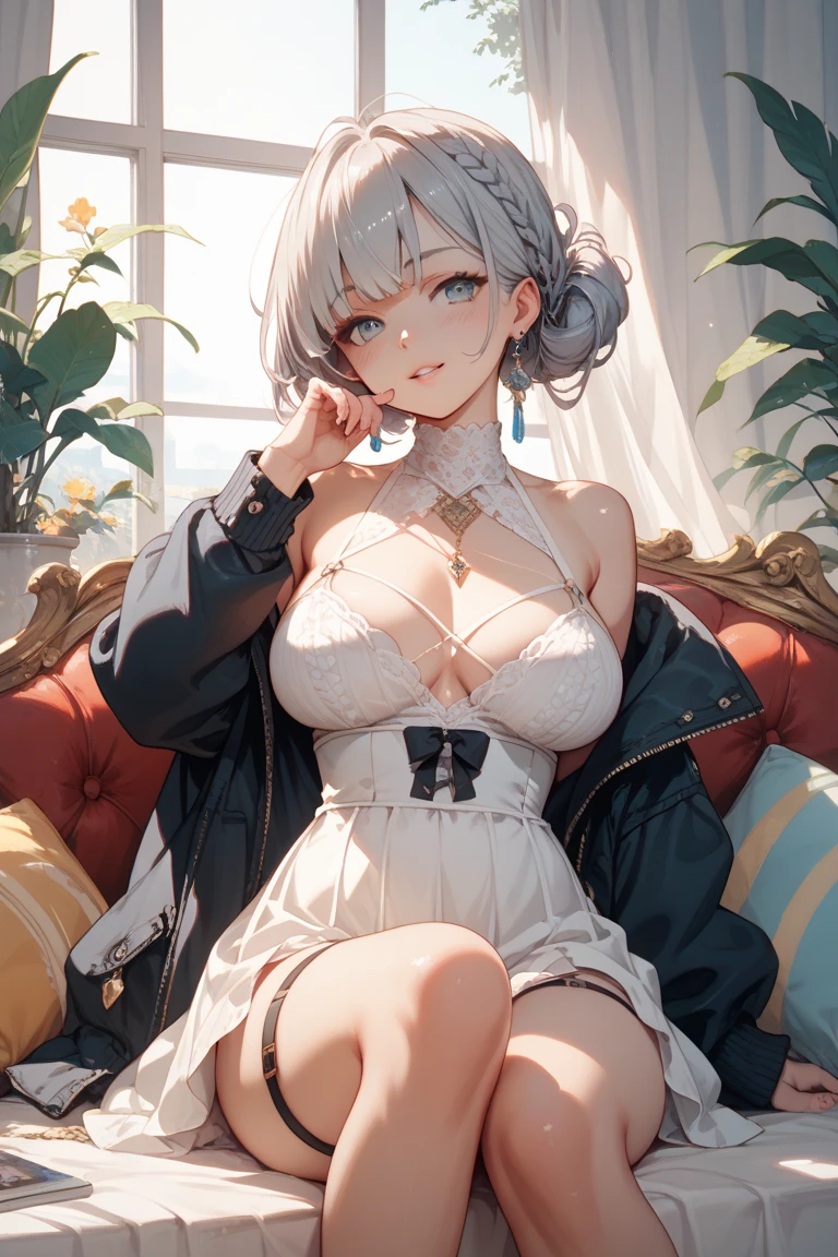 Beautiful girl with bunny ears、Grey Hair、Bobcut、Holland Dwarf Lop Ear Rabbit、Cleavage、Thighs、Grey quilted mini skirt、Troubled face、Dark Eyes、Well-shaped breasts、White summer knitwear、Medieval European Western-style Room、Sit on the sofa、Place your hands between your legs