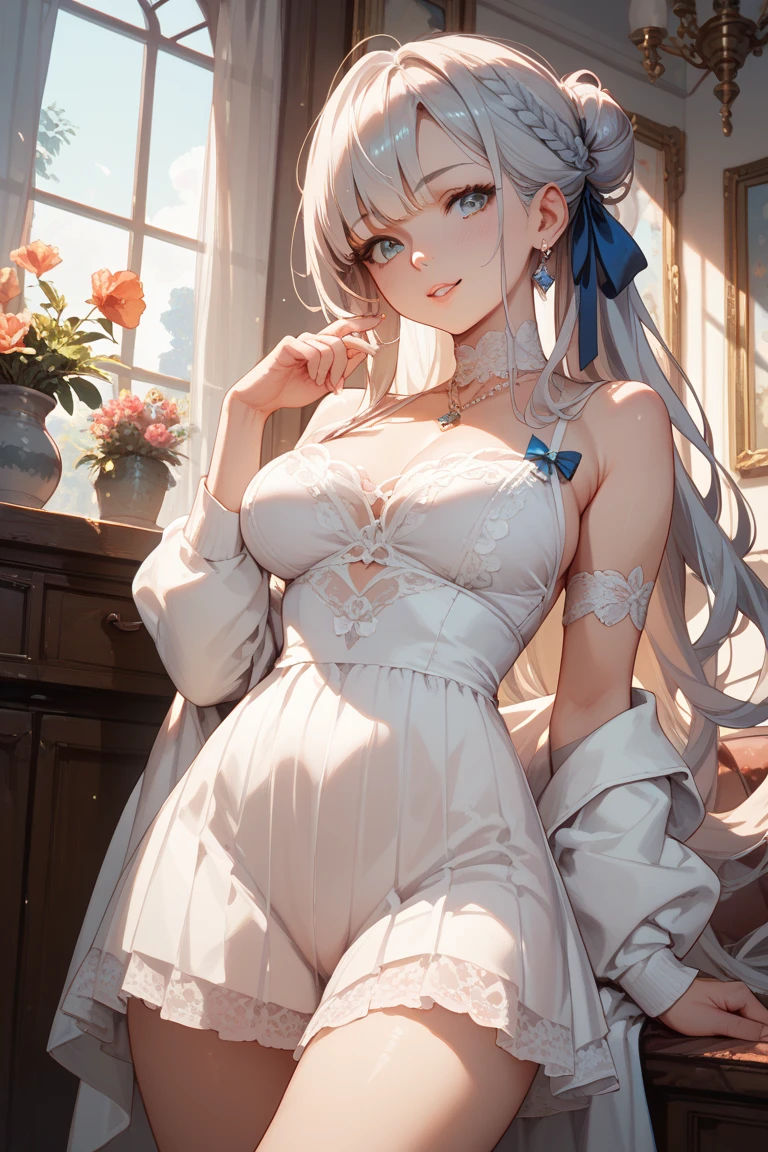 (A masterpiece of image quality in 8K),(Beautiful Allafed Woman),(((emphasizing breasts:1.3))),(Dynamic angles),(Dynamic and sexy bending pose:1.3),(sit a chair:1.3),(Short hair in shiny silver and orange inner colors,large full breasts,Disturbance of clothing due to movement,breast slip,(Ponytail twisted buns adorned with elaborate braids and beads,Braided Setup Fishbone Hair,),(see-through bangs),Huge breasts、(((A white lace apron that shows your bare skin from under your big breasts.......)))、Blush with embarrassment、Enraptured eyes、A smile that beguiles the viewer、(Look back:1.7)、Look into the photographer,skin glistening with sweat,gazing at viewer,,(Professional Lighting),(8K,masutepiece,top-quality,Ultra-high resolution output image,),(Ultra HD with complex detail image modes),depth of fields,Beautiful hands,Beautiful fingers,Detailed finger features,(Detailed hair features:1.7),detailed facial features,detailed clothes features,