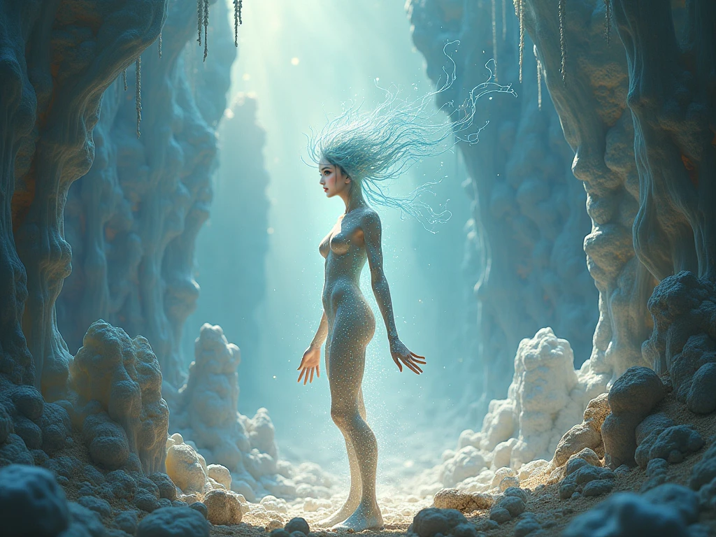 a statue of a woman made of ice completely naked, melting into a puddle
