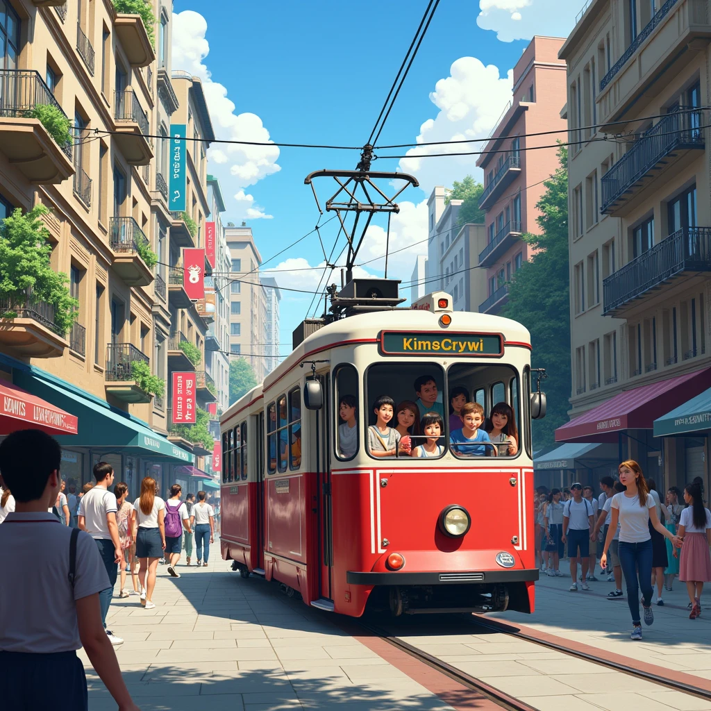  Tram。line、a lot、blue sky、City、bustling with people
