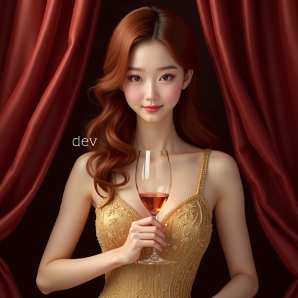 A realistic beautiful korean woman. With reddish brown long hair. Wearing a elegant gold dress and holding wine glass. With named "Dev" in the wall and minion display. The background is red silk curtains  