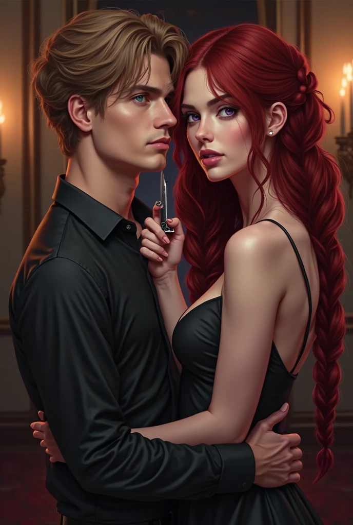 A digital realistic illustration shoot from a portrait camera angle featuring a man and a woman with long, wavy, dark blood red hair and light purple eyes, both dressed in dark clothing. the man, appearing around the age of 20, on the left, positioned in the middle of the image, with a serious expression on his face . He has dark brown hair, parted in the middle and slight strands fall on his face and emerald green eyes and is wearing a black shirt. on the right, the woman has long, blood red hair and its pulled back in two braids while the rest of her hair falls and purple eyes, wearing a black dress with a deep v cut neckline. she is positioned behind the man in the upper body, a dagger in her hand and it's placed on the man's throat, with her upper body facing the viewer. the background is a dimly lit room with candles, creating a romantic and dark atmosphere. giving enemies energy 
