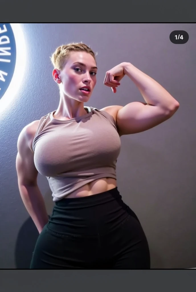 12 year old Chloë Grace Moretz, grey hair, A heavily muscled iffb pro female bodybuilder, (Realistic, high resolution:1.3), (Upper body), 1 girl with perfect figure, Super fine face and eyes, rubber 
latex  top, Skinny jeans, cafe shop, Sitting, (Big breasts), cleavage