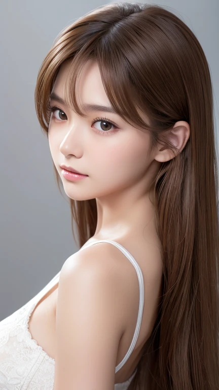 masterpiece, best quality, 8k, cowboy-shot, pale pink shirt, black pencil-skirt, kheehigh-boots, break, 18 years old, anna_girl, semi long hair, wavy hair, looking at viewer, smile, ultra realistic photography, sharp focus, face light, dynamic lighting, break, (simple white background:1.4), break, real skin, delicate facial features, detailed face and eyes, symmetric clear eyes, dark brown eyes, sharp pupils, realistic pupils, cleavage popping out, eye contact