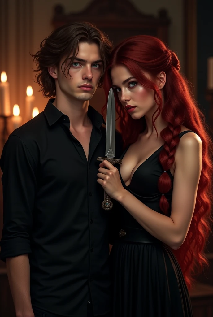 A red-haired girl with wavy hair, cinnamon skin and hazel green eyes with a buxom body hugging a black-haired, cinnamon-skinned boy with brown eyes who is sitting on a throne holding a weapon