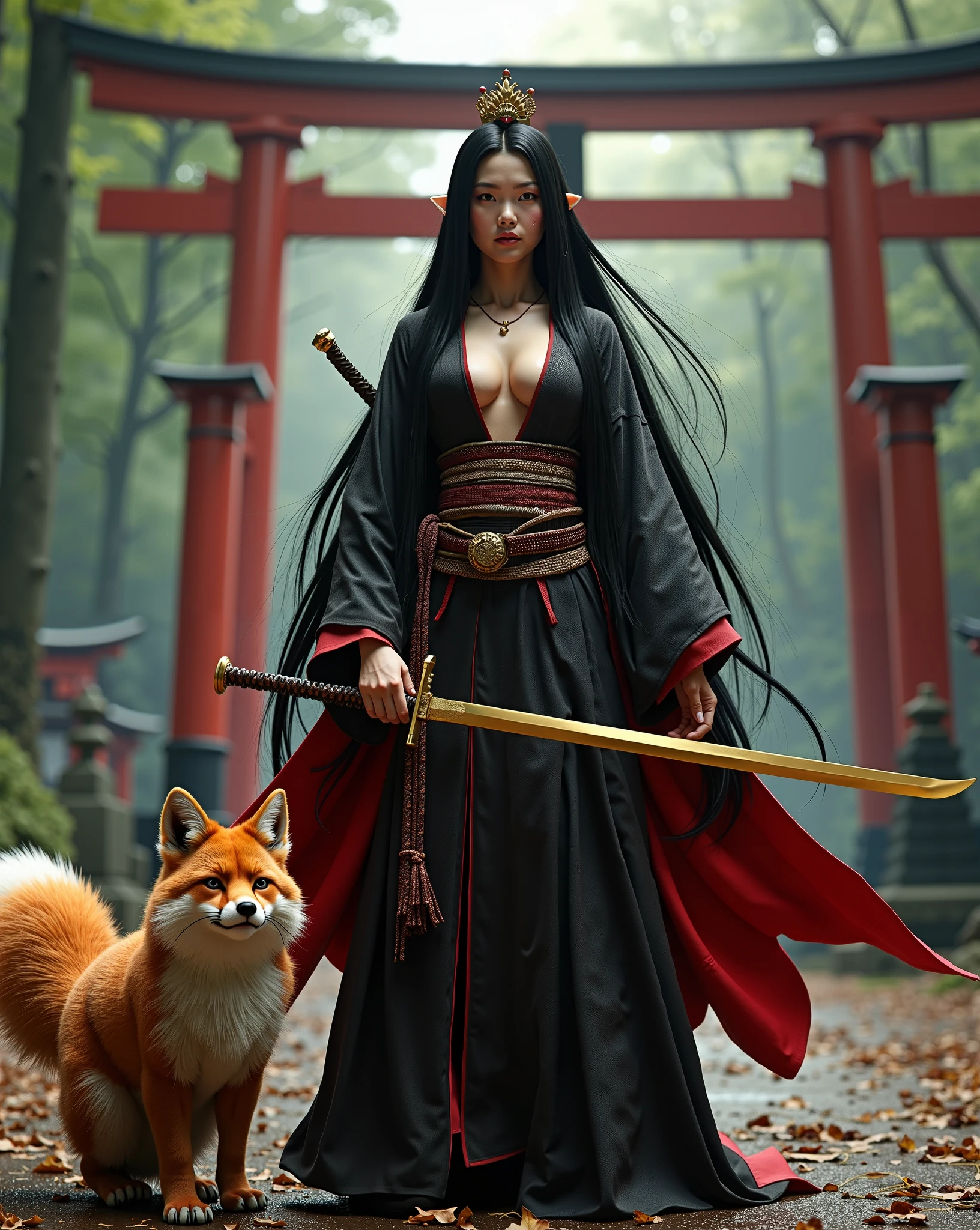  Masterpiece, Anatómicamente correcto,  high resolution ,  The Best Quality ,  tall details ,  Japanese female priestess with very long black hair , with huge breasts, her upper attire is very low cut .  She wears a golden katana clutched with both hands .  Next to her a very large Kurama fox with 9 tails the stage is the huge gate of a Japanese temple in a forest (8k octane, C4D, Hyperrealism, )