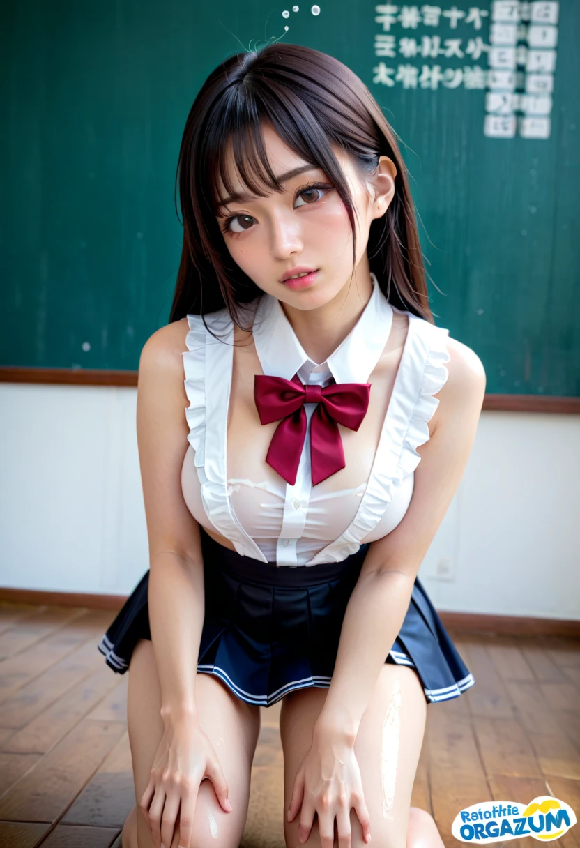 (masutepiece, Best Quality:1.2), 8K, Official art, Raw photo, unbelievable Ridiculous, (Upper body, (Sailor Uniform tank top, white panties), serafuku, Sitting:1.4), Beautiful Girl, Idol face, arching back down, large full breasts:1.8, thighs thighs thighs thighs, Stockings、 close up, (School uniform), Short sleeve, gardenia, violaceaess, classroom school, Looking at Viewer, No makeup, Film grain, chromatic abberation, Sharp Focus, face lights, Dynamic lighting, Cinematic lighting, Detailed face, Bokeh background, (Dark red bow tie:1.3)