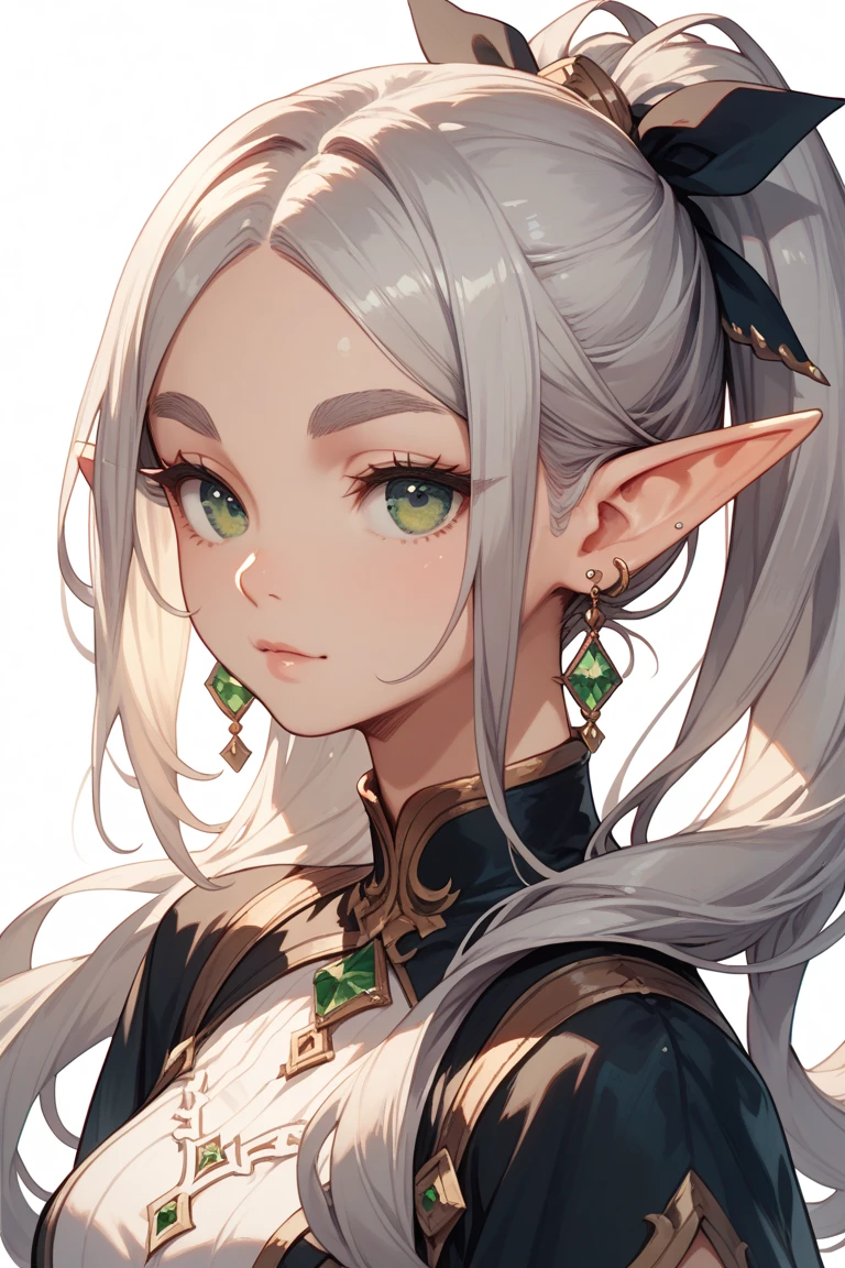 1girl,solo,elf,white hair,grey hair,earrings,pointy ears,long hair,ponytail,green eyes,twintails,parted bangs,thick eyebrows,