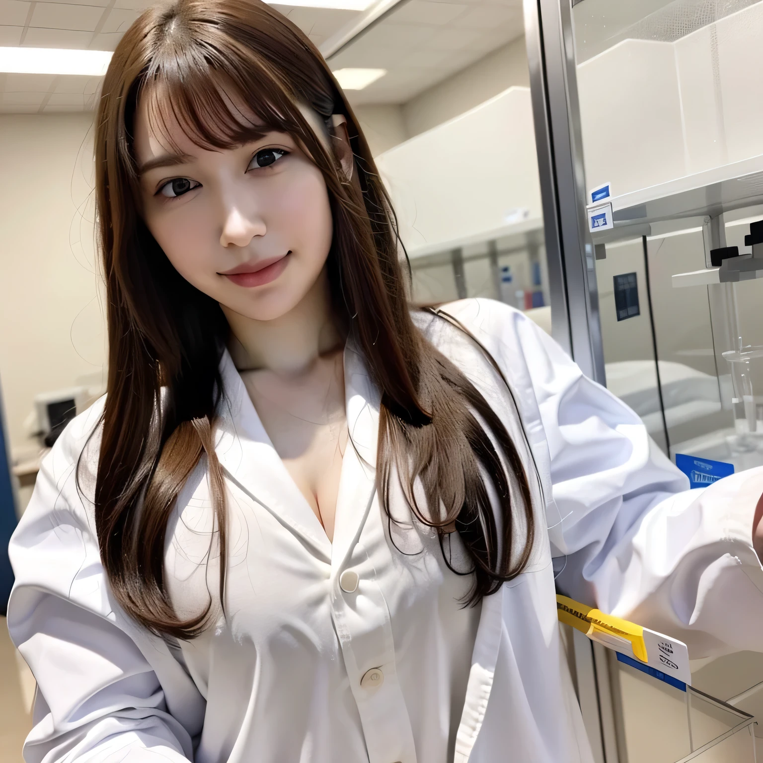 Depict a 20-year-old, stunningly beautiful woman conducting an experiment in a well-equipped science lab. She wears a pristine white lab coat over professional attire, her expression focused as she carefully handles scientific instruments. Whether her hair is long and neatly tied back or short and styled, she maintains a meticulous appearance suited for the lab environment. The background features shelves filled with scientific equipment, adding to the immersive atmosphere of the setting. Long hair, dark hair, dark eyes.