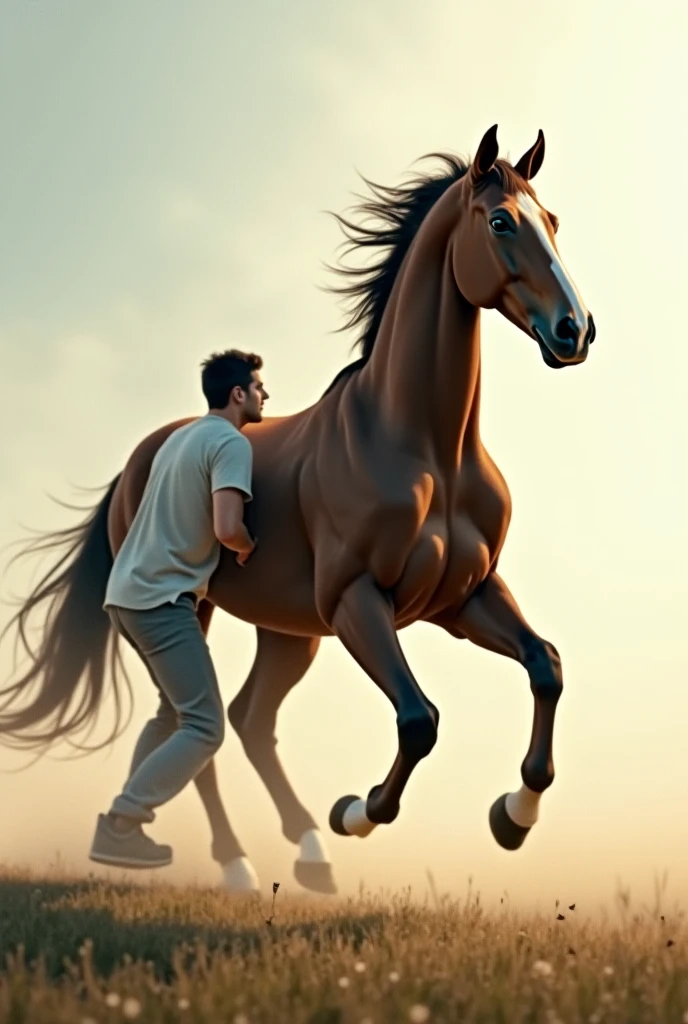 A horse trying to do yoga while a human eating grass