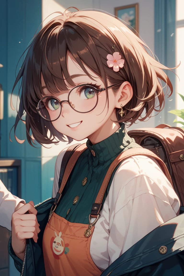 female duo　One has a short bob with dark hair、The other one has semi-long brown hair、The one with the short bob wears glasses、As for clothes, Bob looks cute、semi-long in neat clothes、they both have a shy and smiling expression