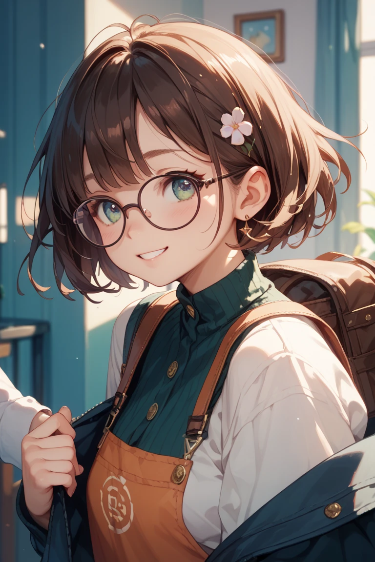 female duo　One has a short bob with dark hair、The other one has semi-long brown hair、The one with the short bob wears glasses、As for clothes, Bob looks cute、semi-long in neat clothes、they both have a shy and smiling expression