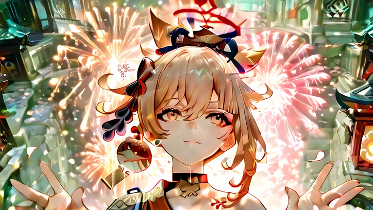 {{masterpiece}}，Best quality at best，Very detailed CG unity 8k wallpaper，电影灯光，lens flare glow，beatiful detailed eyes，black in color，underdressing，White lace bra，multicolour hair，Colorful light，particulate，Heterochromatic，（a color：1.5）， （colorfulhair：1.5），fire works
