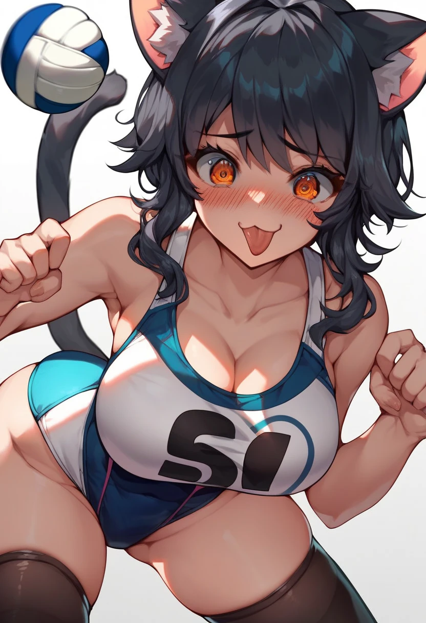 a girl, just posing, with long flowing black hair, which are tied together with ribbons to form two tails, flash a radiant smile, in a yellowish, one-piece swimsuit, shows a large chest and firm shoulders, In the warm sun, shows her curvy body with thick thighs, open mouth, very long tongue, see a lot of spit on the tongue, Zoom levels reveal intricate details and striking yellow eyes, that contrast with their dark skin
