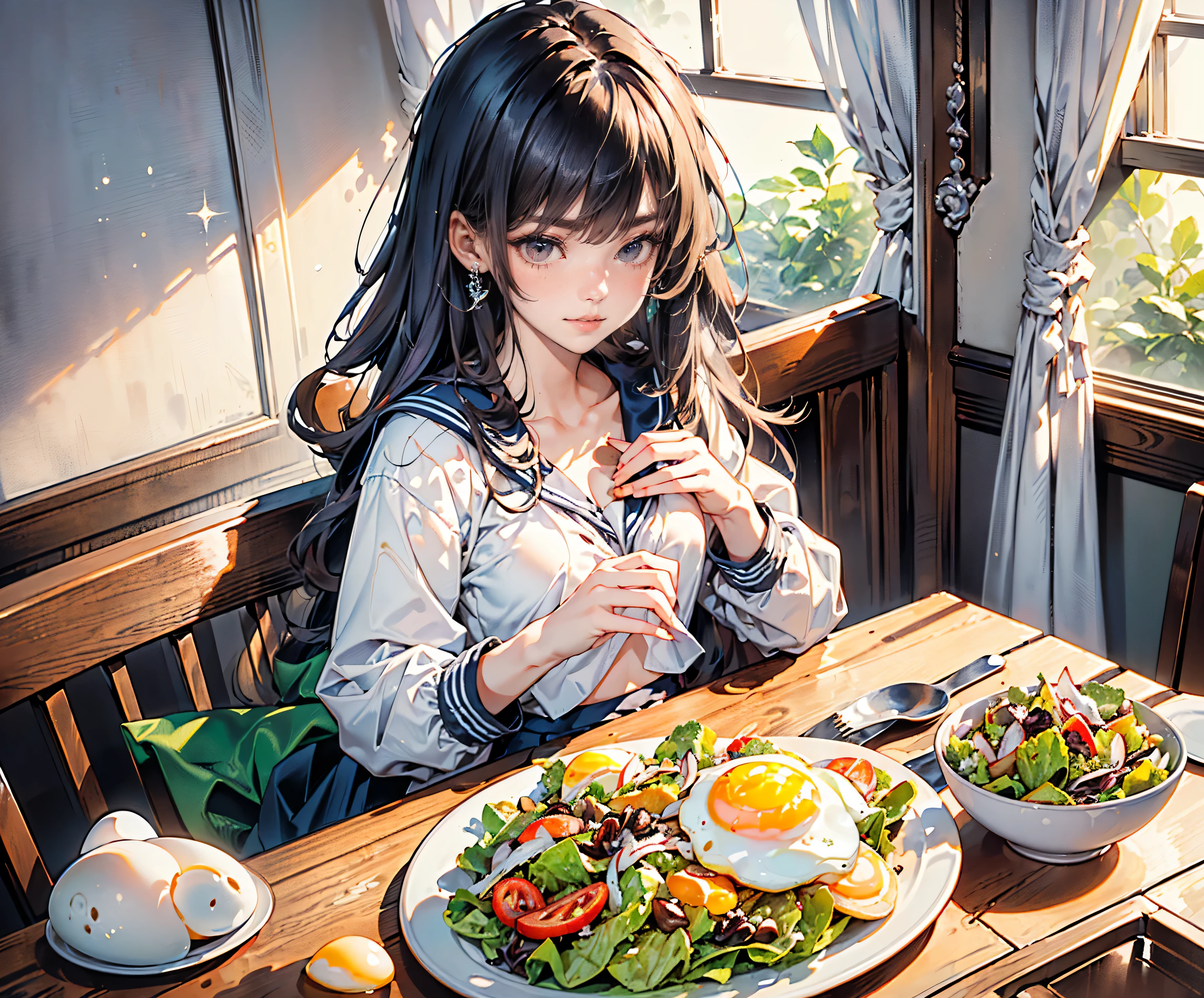 Highest quality, 8K, Highest quality, ((Odd-eyed high school girl)), ((Heterochromia, Red Eyes, Green Eyes)), ((Sparkling, Detailed )), (Very precise eyes), (Long platinum and purple hair), Princess cut, ((Translucent, shining white skin)), Glossy skin, Very white skin, ((Very small breasts)), ((Mole on chest)), (Anatomically correct depiction), ((Wearing a dark blue long-sleeved sailor uniform)), ((Wearing a dark blue flared skirt)), ((Sitting on a dining chair eating toast)), ((Fried egg and vegetable salad on the table)), Eating toast, Dark blue long-sleeved sailor uniform, Stockings up to the knees, Delicate depiction down to the fingertips, Smile, Very beautiful.