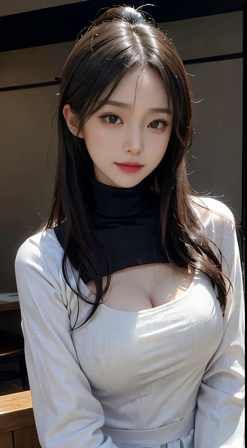 (8K, Super high resolution, Mejor calidad, mesa:1.2)、raw portrait of japanese girl、Super high resolution、de primera calidad、 ( enormes,:1.4)、{Esconde todos tus pechosda larga ajustada blanco roto):1.6}、(Llevar un jersey de cuello alto rojo sin mangas:1.5)、(Abre bien la entrepierna:1.5)、(probador:1.2) ROMPER (textura natural de la piel、Piel detallada、Hiperrealismo、ultra nitidez)、detalles intrincados、profundidad de campoujer adulta atractiva、Atajos de pelo negro、Toned asterpiece、de primera calidad、alto detalle))、(Fotorrealista:1.4)、solo、cierra laa、smile happily、ojo grande、Distinct double eyelids、Eyelashes、cuello largo、absolute area、Clean collarbone、cara perfecta、labios delgados、a small face、(mirando al espectador、Destacados en los ojos.、light brown eyes、brillo de labios)、