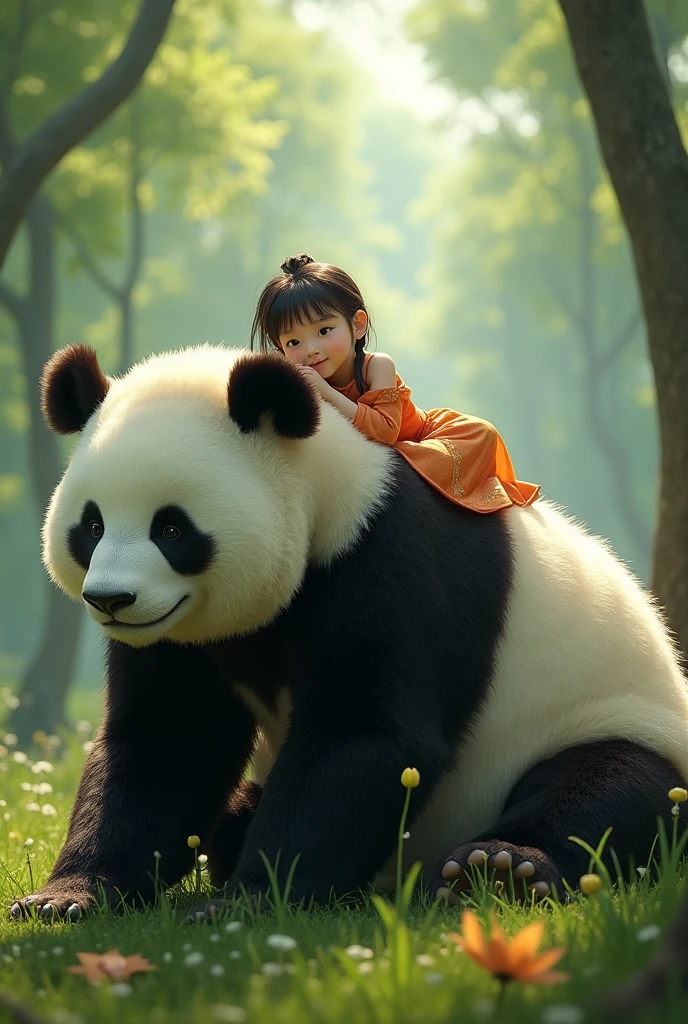 (masterpiece:1.2, Highest quality, Ultra-high resolution, Very detailed, Realistic, RAW Photos:1.2, Elaborate photos), 8k, wallpaper, (Ray Tracing), (Child wearing traditional Chinese clothing riding a giant panda bear), (Bamboo forest with tall, dense bamboo stalks, sunlight creating dappled patterns on the forest floor), (Panda bear leisurely walking with a curious child on its back, surrounded by butterflies and colorful birds), A photo capturing the whimsical charm of a child and a panda bear journeying through a serene bamboo forest, filled with vibrant colors and delicate natural details.