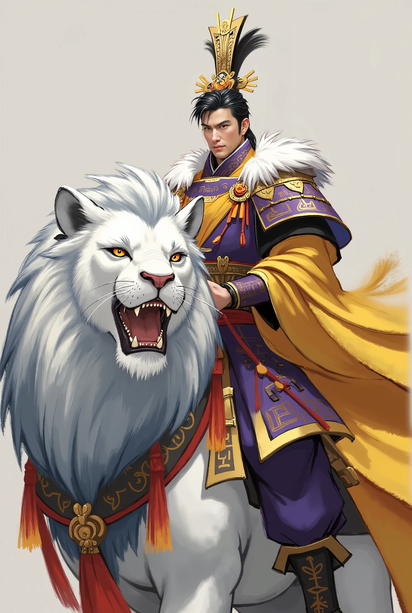 shuimo,Epic CG masterpiece,
A handsome emperor rides a huge white lion. Wearing purple gold armor,a yellow robe,and white fur shoulders,
dynamic poses,stunning colors,3D rendering,cinematic lighting effects,00 renderer,masterpiece,best quality,32k uhd,insane details,intricate details,hyperdetailed,hyper quality,high detail,ultra detailed,Masterpiece,