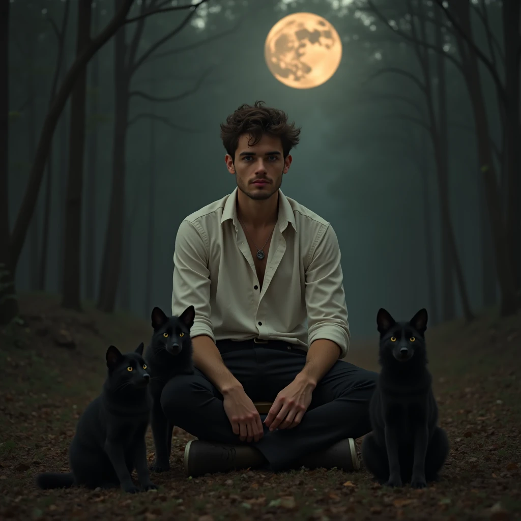 Une photographies réaliste d'un homme au cheveux court brun avec une petite barbe portant une chemise blanche avec des bretelles et un noeud papillon noir et un pantalon noire assis sur un trône avec deux Loup noire de chaque côté  et en arrière-plan une lune sombre en pleine forêt 